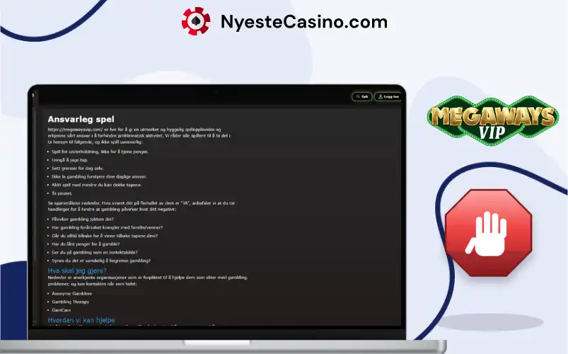 Side for ansvarlig spill hos MegawaysVIP Casino på bærbar PC.