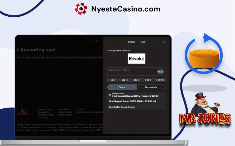 Innskuddsside hos MrJones Casino med Revolut og bonusvalg.