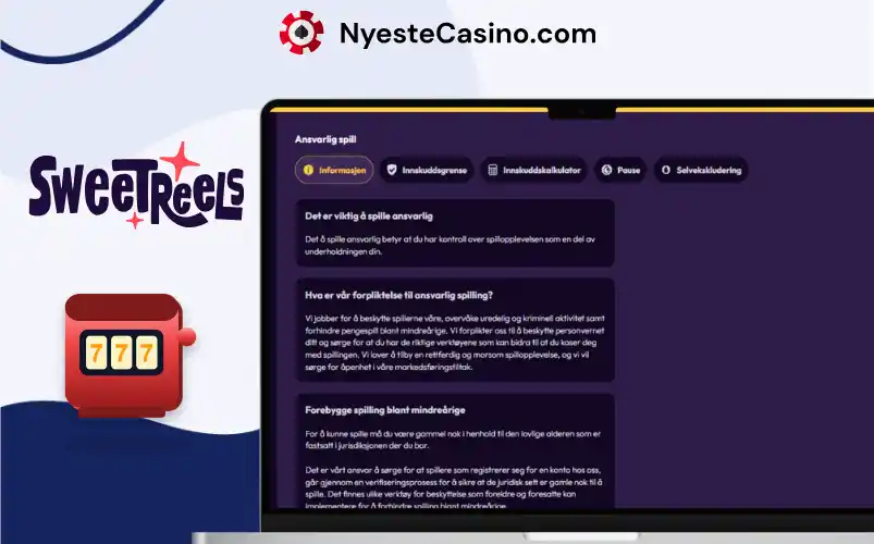 SweetReels-side med informasjon om ansvarlig spilling og spillerbeskyttelse.