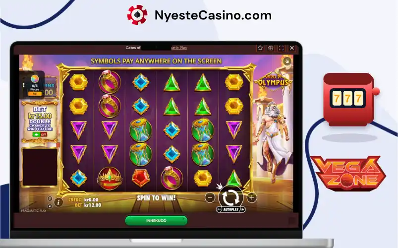 Spilleautomaten Gates of Olympus hos Vegazone Casino på bærbar PC.
