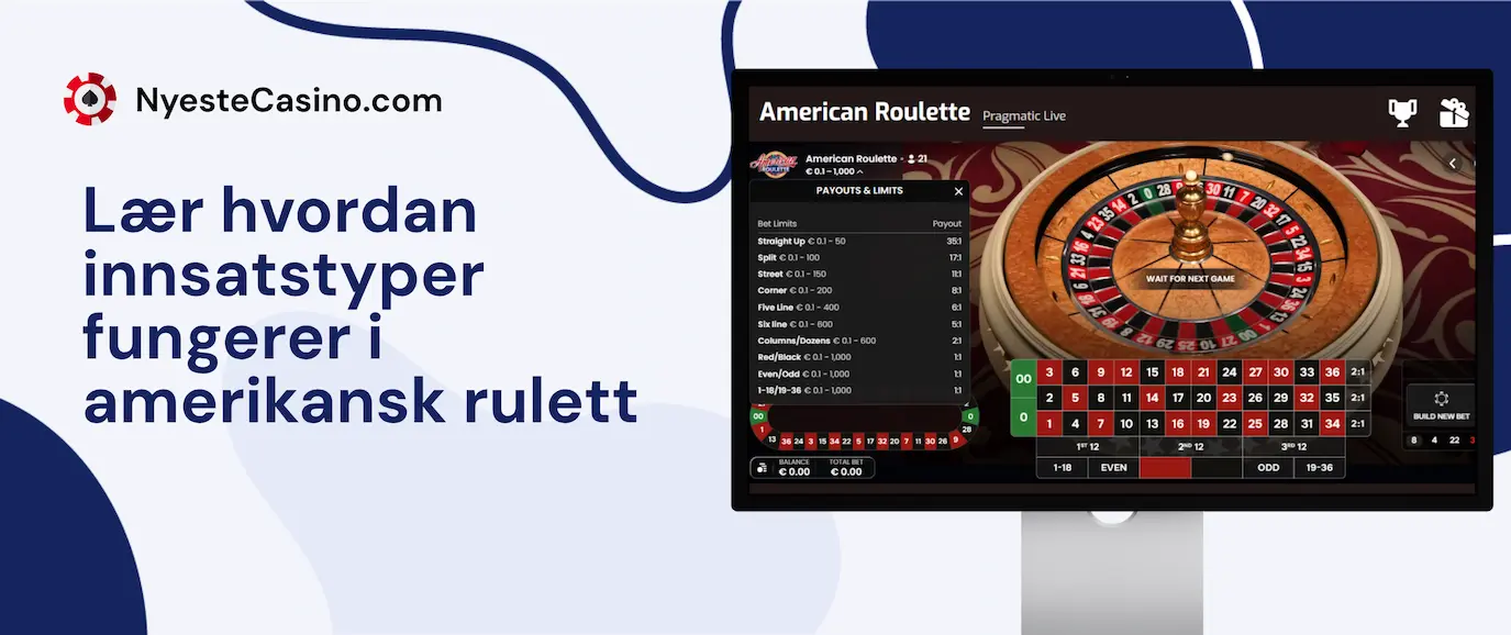 Skjermbilde av amerikansk rulett med innsatstyper og grenser.
