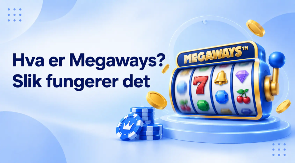 Illustrasjon av en Megaways-spilleautomat med mynter og teksten «Hva er Megaways? Slik fungerer det».