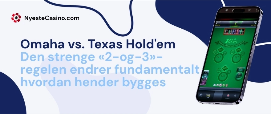 Banner med en mobilskjerm for live poker som sammenligner Omaha og Texas Hold'em.