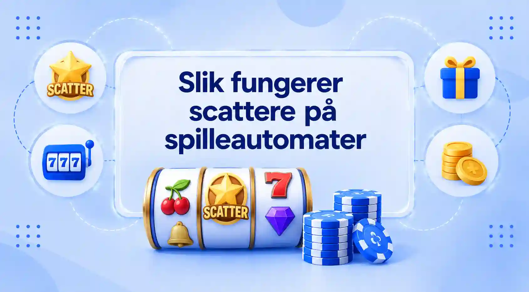Spilleautomat-symboler og hjul med teksten «Slik fungerer scattere på spilleautomater».