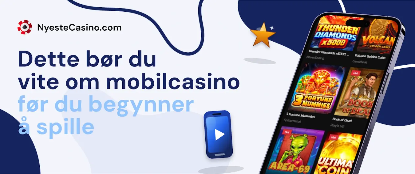 Mobilskjerm med et utvalg spilleautomater og et blått mobilikon.