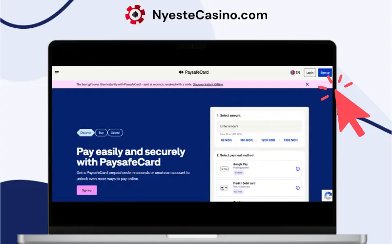 Skjermbilde av PaysafeCard-nettsiden på en datamaskin med pil som peker på registrering.