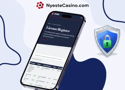Mobilskjerm som viser et lisensregister for casino ved siden av et sikkerhetsskjold.