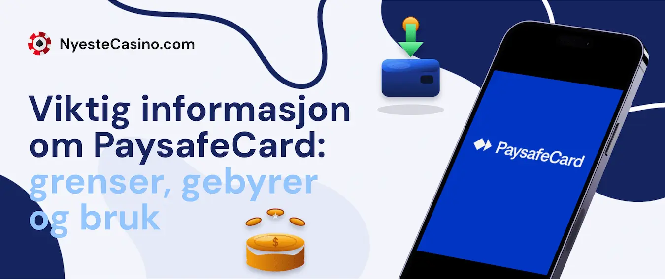 Banner om PaysafeCard med bærbar datamaskin, trygghetsskjold og guide til nettbruk.
