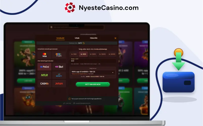 Innskuddsside for casino på bærbar PC med Paysafecard-valg.