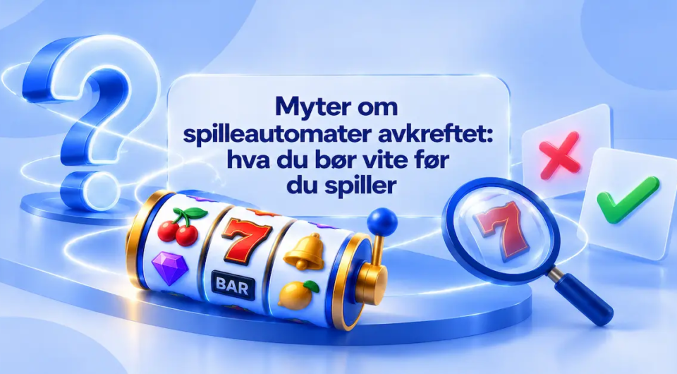 Blå 3D-illustrasjon med en spilleautomat, forstørrelsesglass og et stort spørsmålstegn.