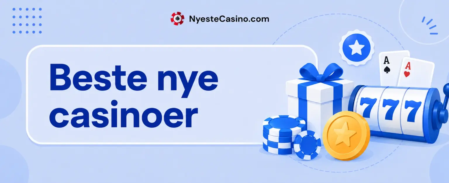 NyesteCasino.com banner med tekst "Beste nye casinoer" og illustrasjon av gavepakke, spillesjetonger, myntgikk, spilleautomat med 777 og spillkort