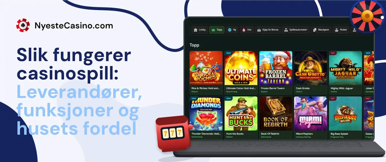Nettcasino med spilleautomater, leverandører og populære casinospill på laptop.