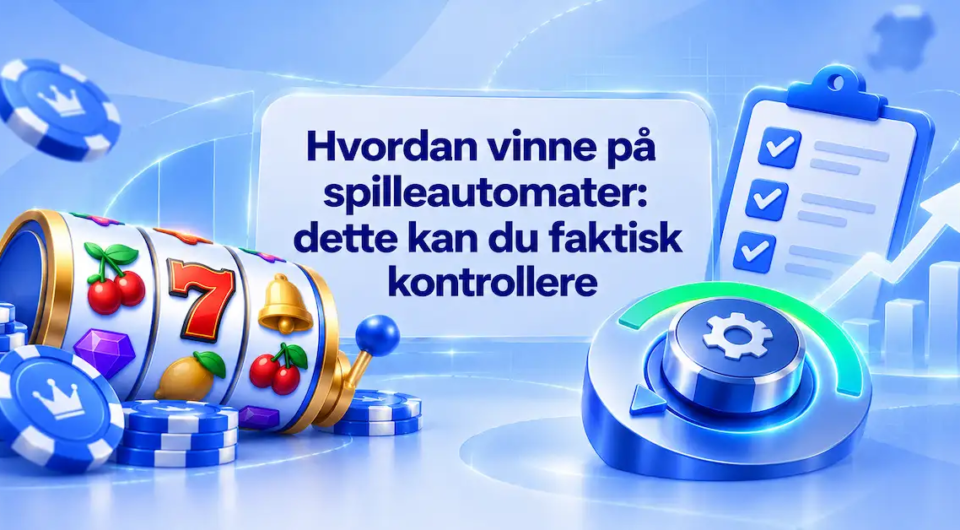 Blå 3D-illustrasjon med spilleautomat, kasinosjetonger, sjekkliste og innstillingshjul.